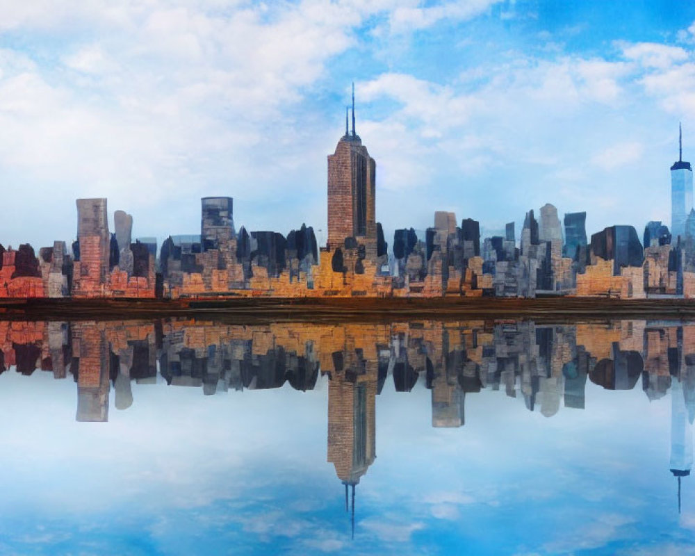 Urban skyline with skyscrapers mirrored in calm waters under cloudy sky