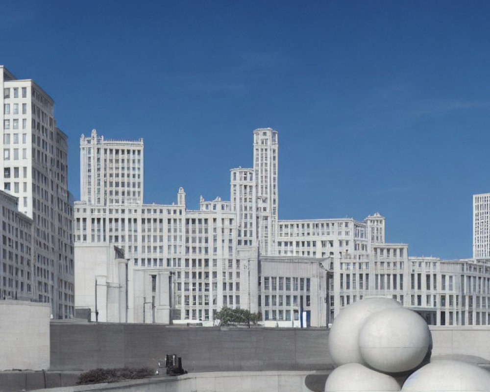 Classic White High-Rise Buildings in Cityscape with Spherical Sculptures