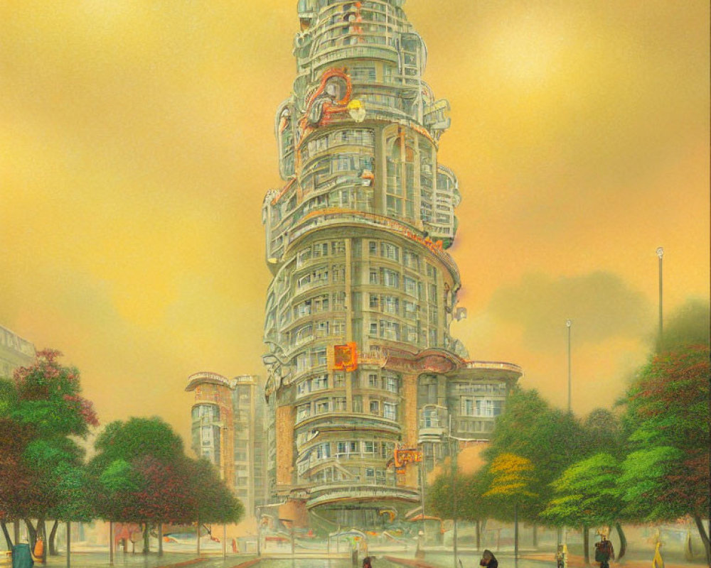 Spiral futuristic tower in sunlit cityscape with canal and tree-lined paths