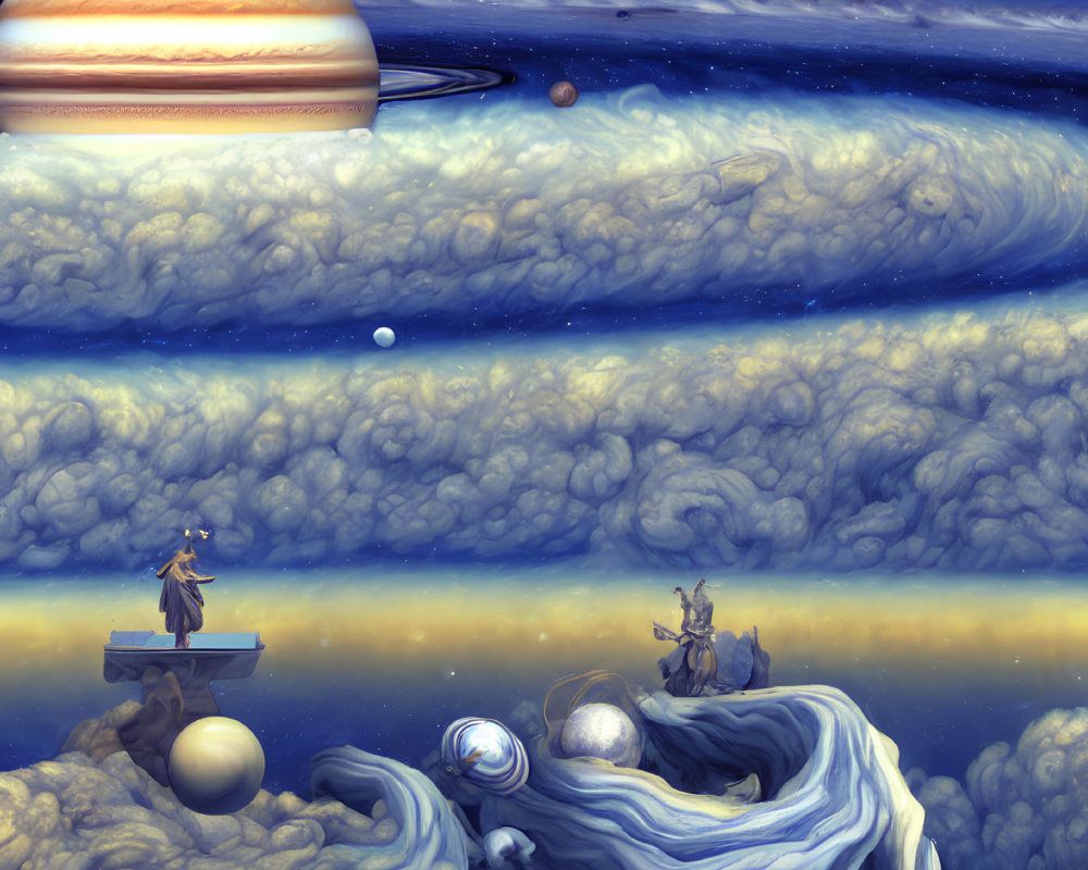 Surreal artwork featuring figures, chessboard, planets, and Jupiter's clouds