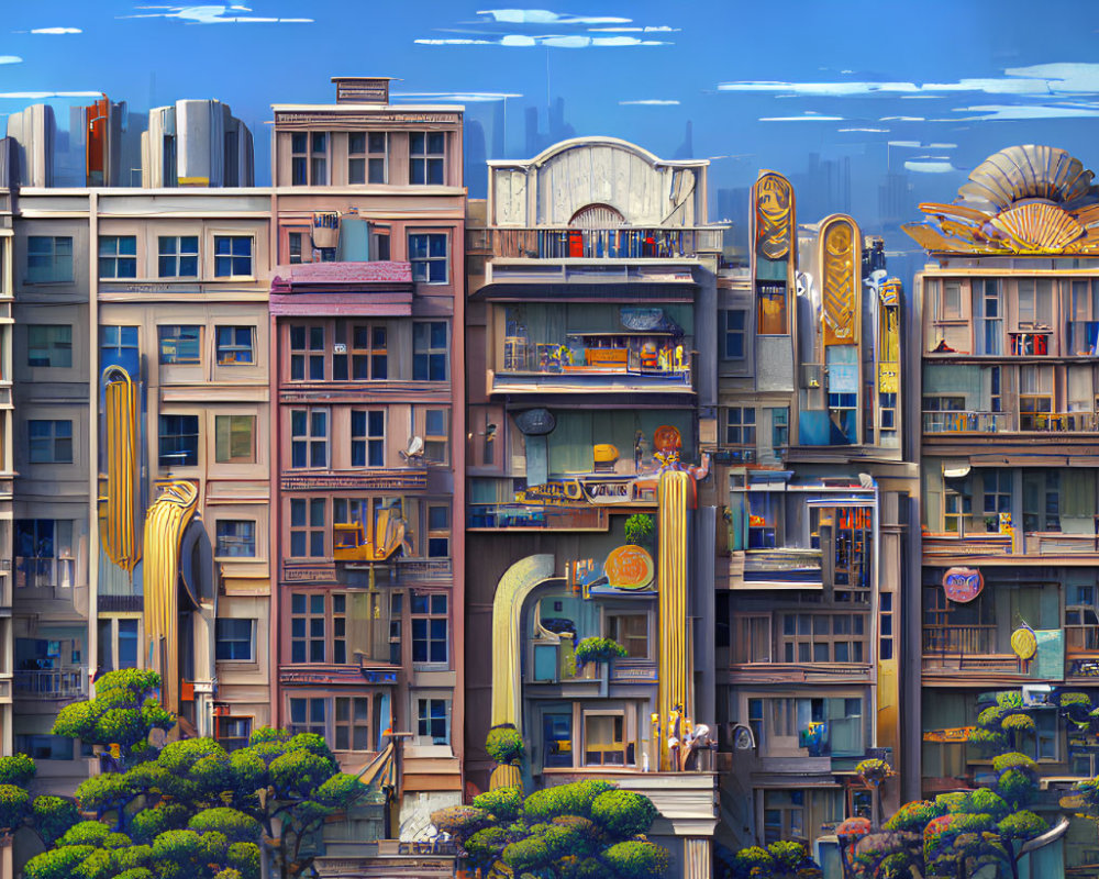 Detailed illustration of vibrant urban apartment block facade with eclectic architectural styles and colorful decorations.