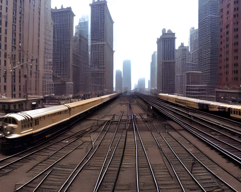 Train travels through dense cityscape with skyscrapers and hazy sky