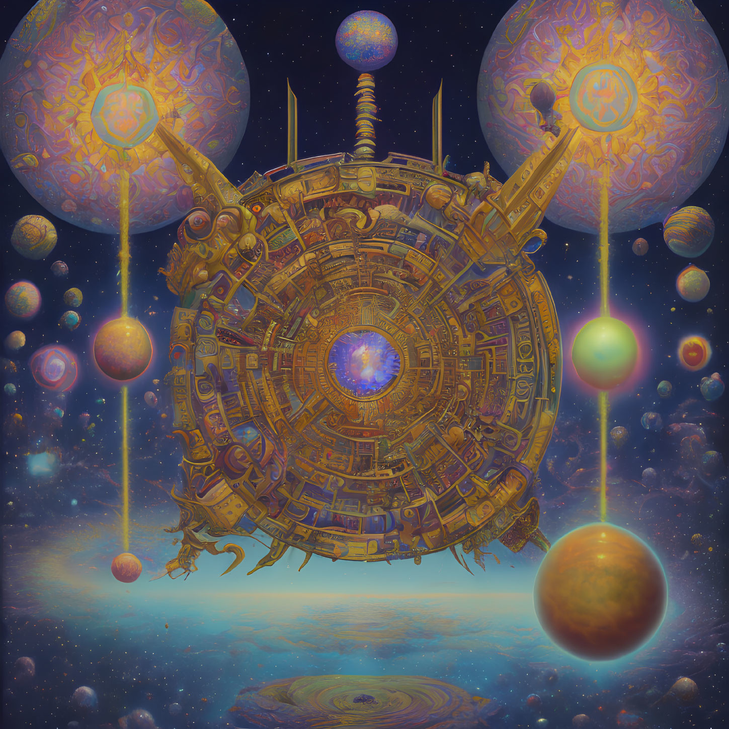 Ornate circular spaceship in cosmic scene with celestial orbs and starry backdrop