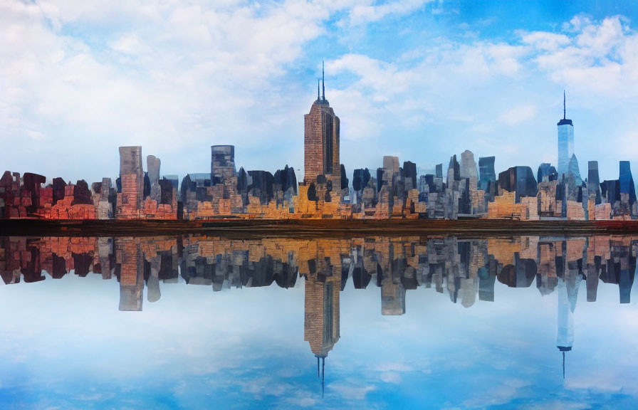 Urban skyline with skyscrapers mirrored in calm waters under cloudy sky