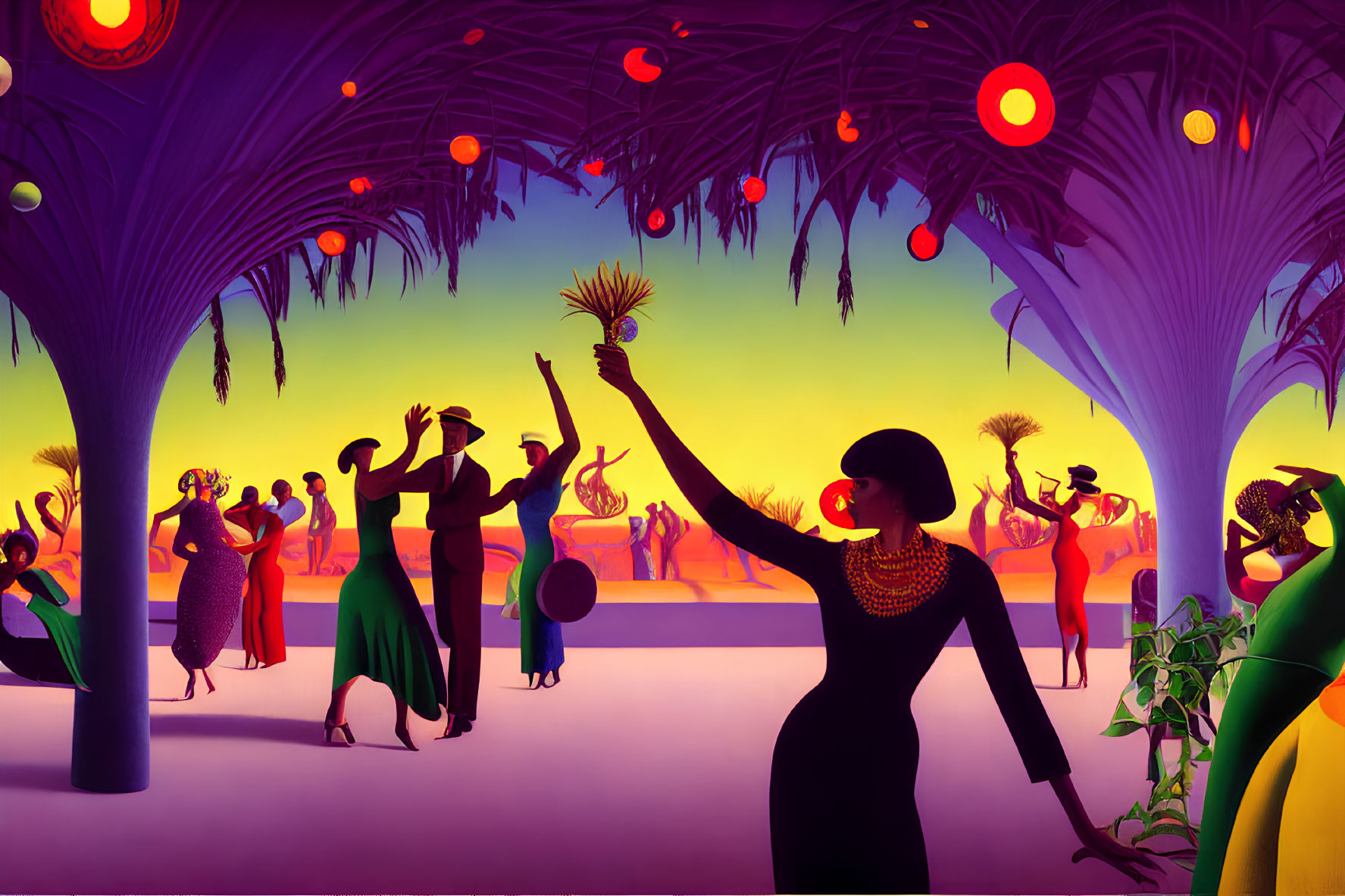 Colorful Illustration of Festive Outdoor Gathering with Elegantly Dressed People Dancing