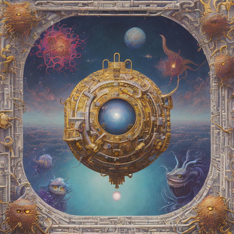 Surreal artwork of golden orb with fantastical creatures in celestial frame