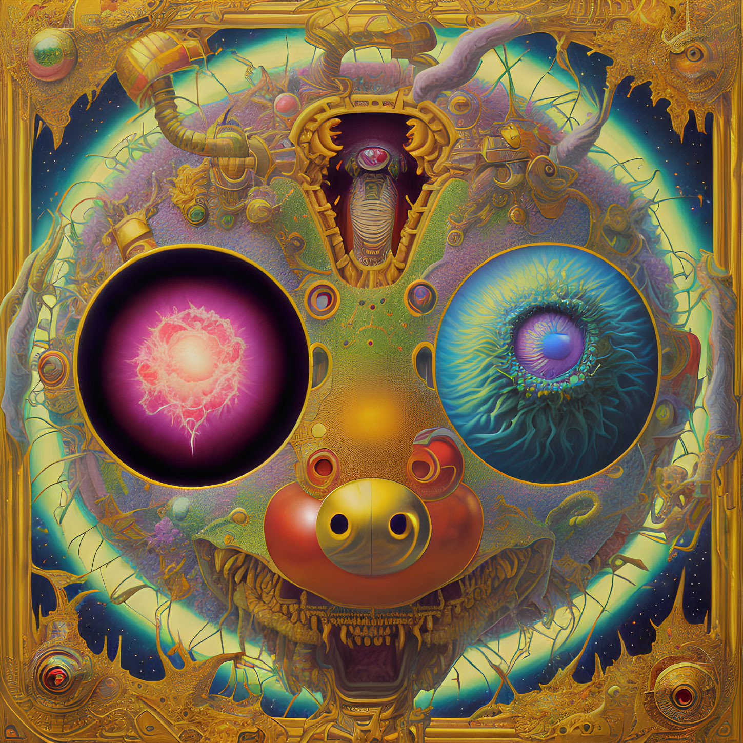 Psychedelic artwork with ornate golden frame, clown nose, eye, star, and serp