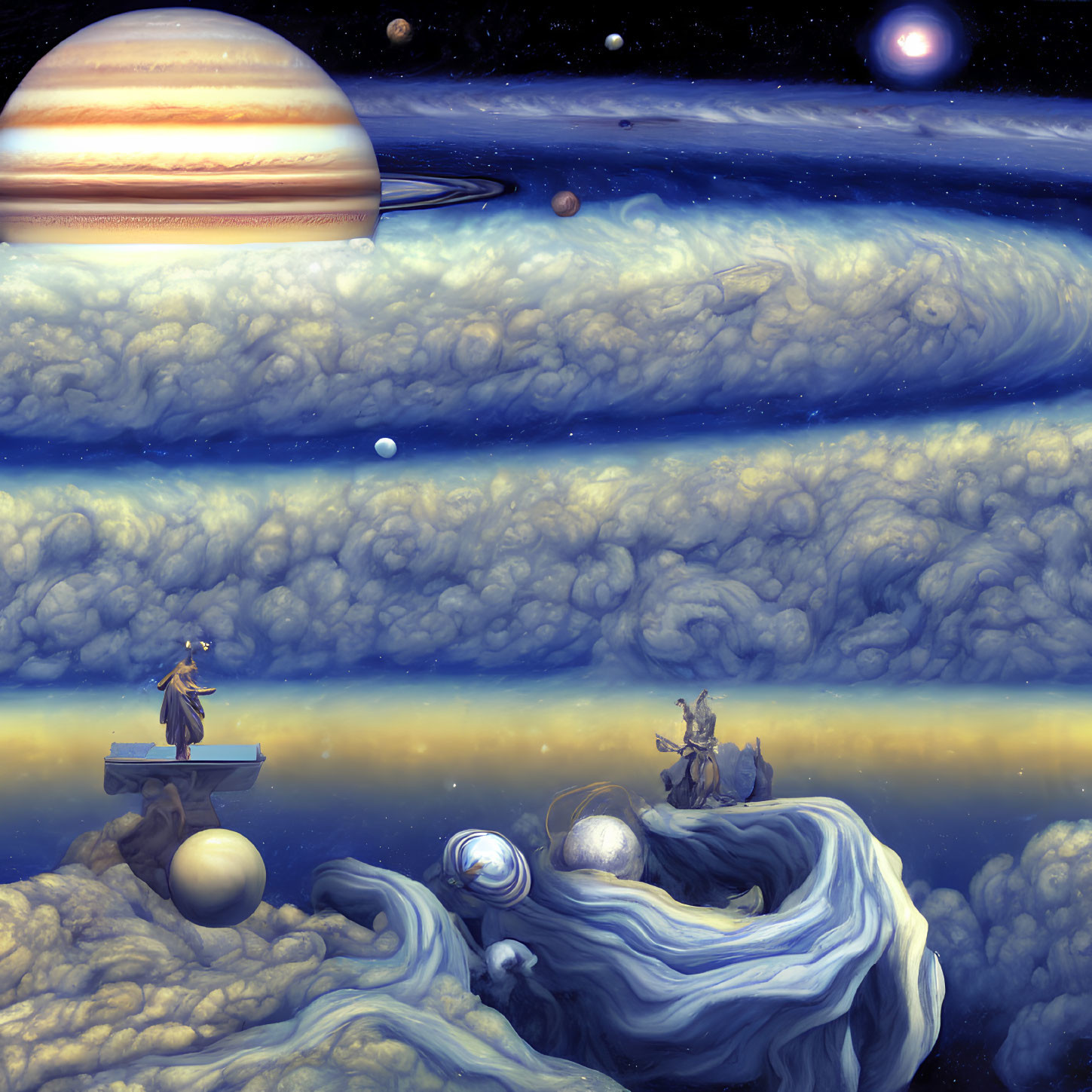 Surreal artwork featuring figures, chessboard, planets, and Jupiter's clouds