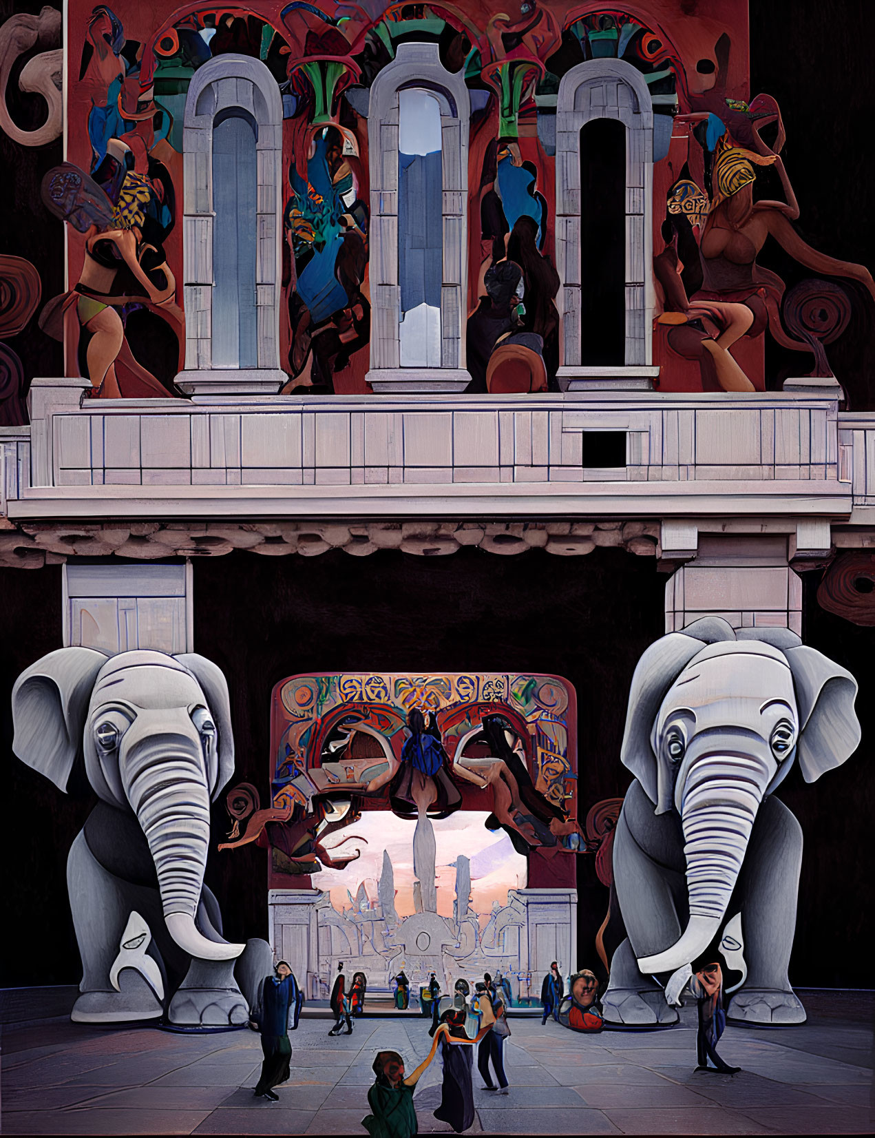 Surreal painting featuring elephants, classical building, tiny humans, and whimsical creatures.