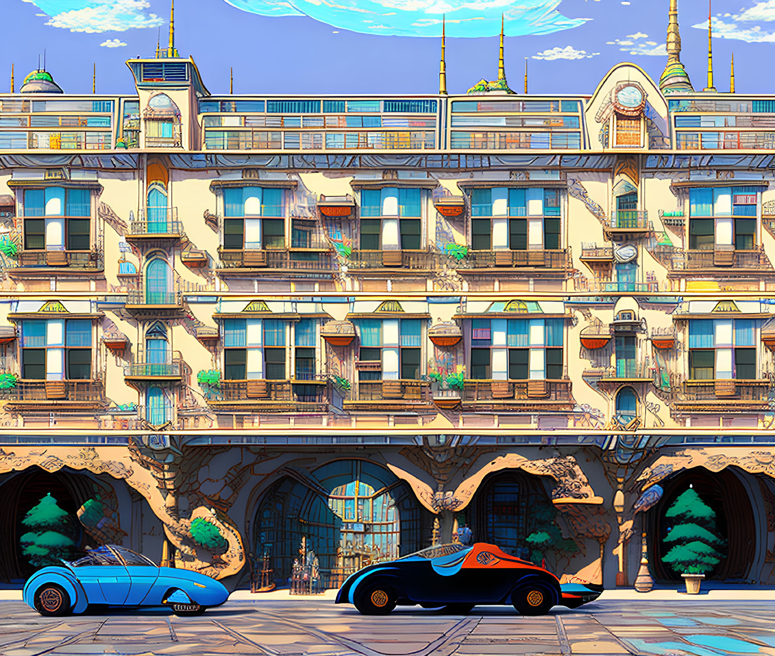 Colorful illustration: classic car outside ornate building with arches, balconies, azure skies