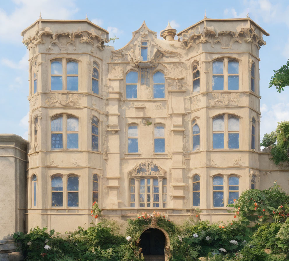 Historic sandstone building with ornate windows, balconies, and lush garden under blue sky