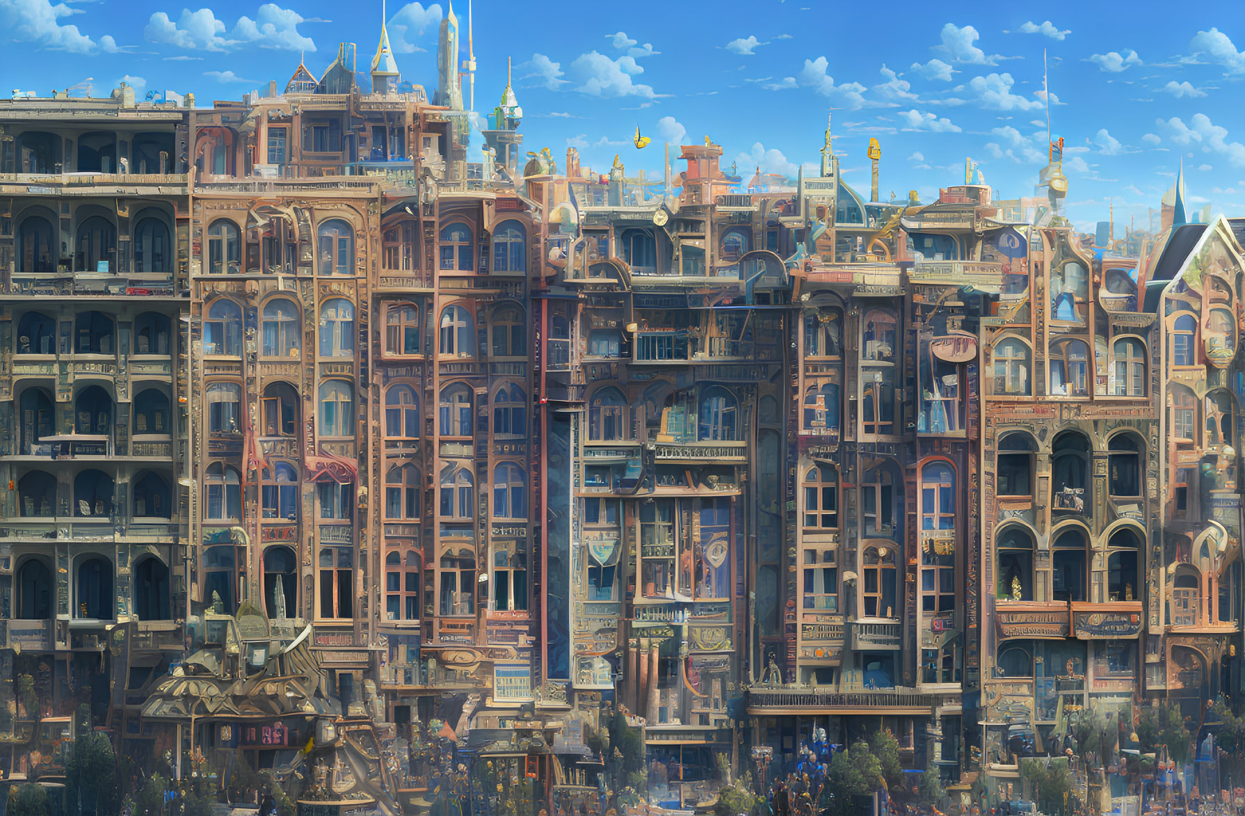 Detailed Steampunk Cityscape Drawing with Intricate Buildings