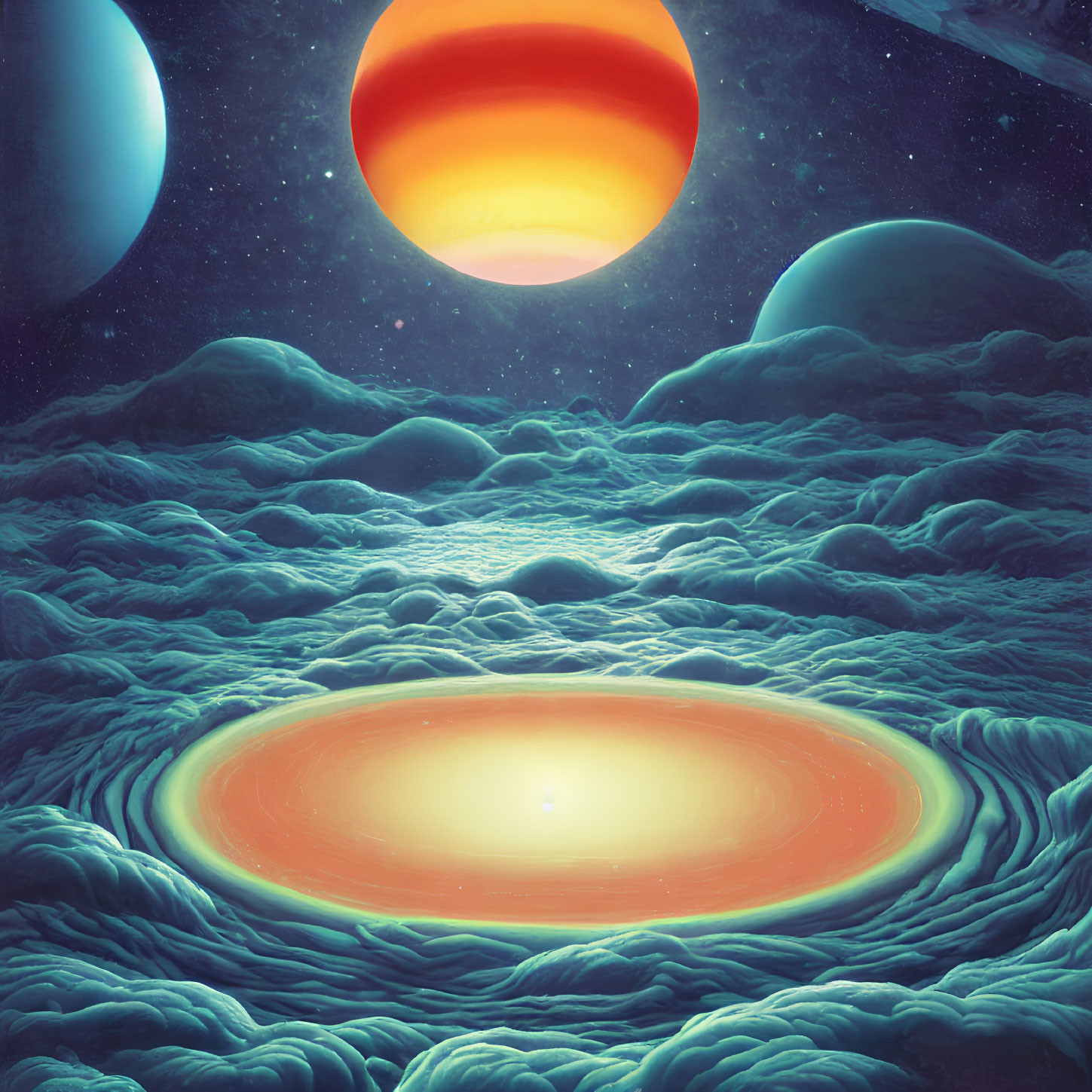 Surreal cosmic landscape with luminous ring and celestial bodies