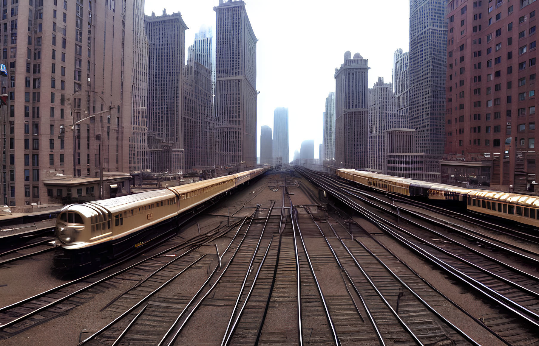 Train travels through dense cityscape with skyscrapers and hazy sky