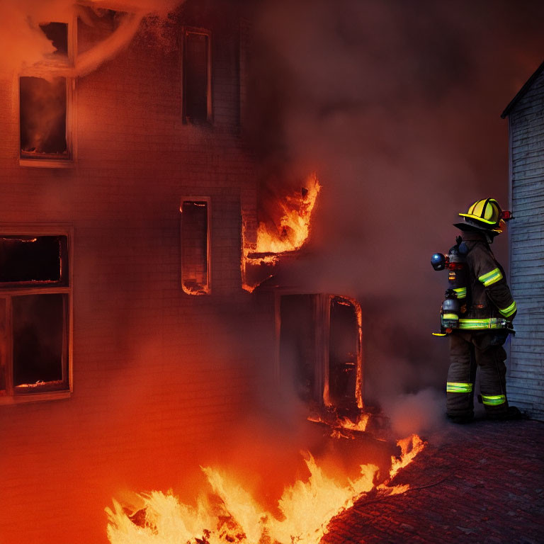 Intense house fire with firefighter using hose