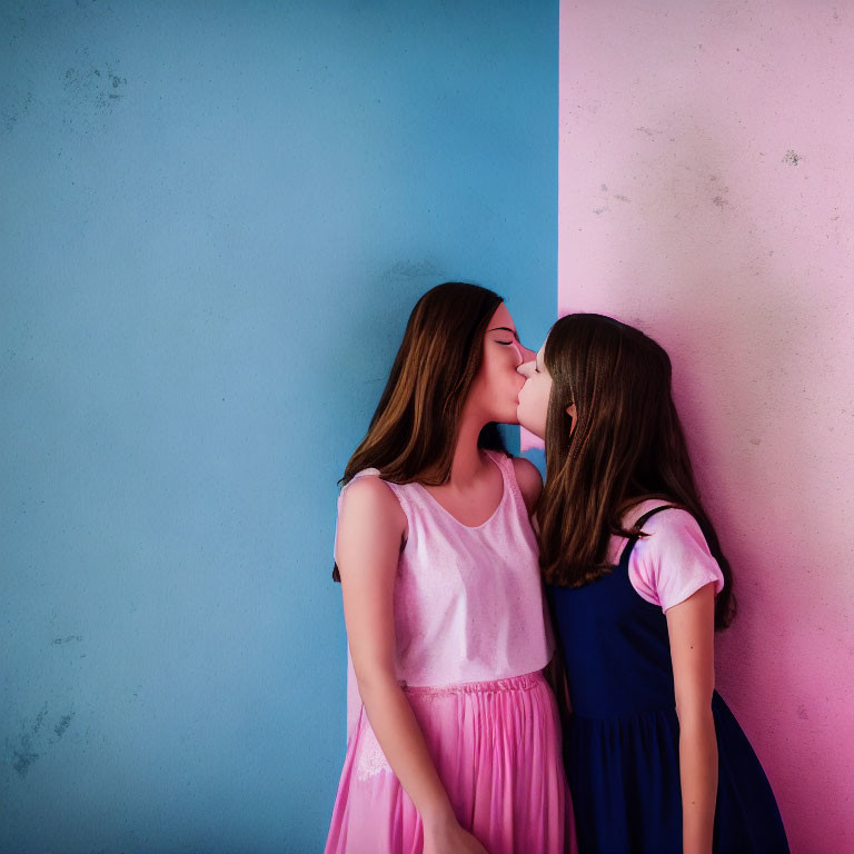 Two women kissing in dresses against vibrant blue and pink wall