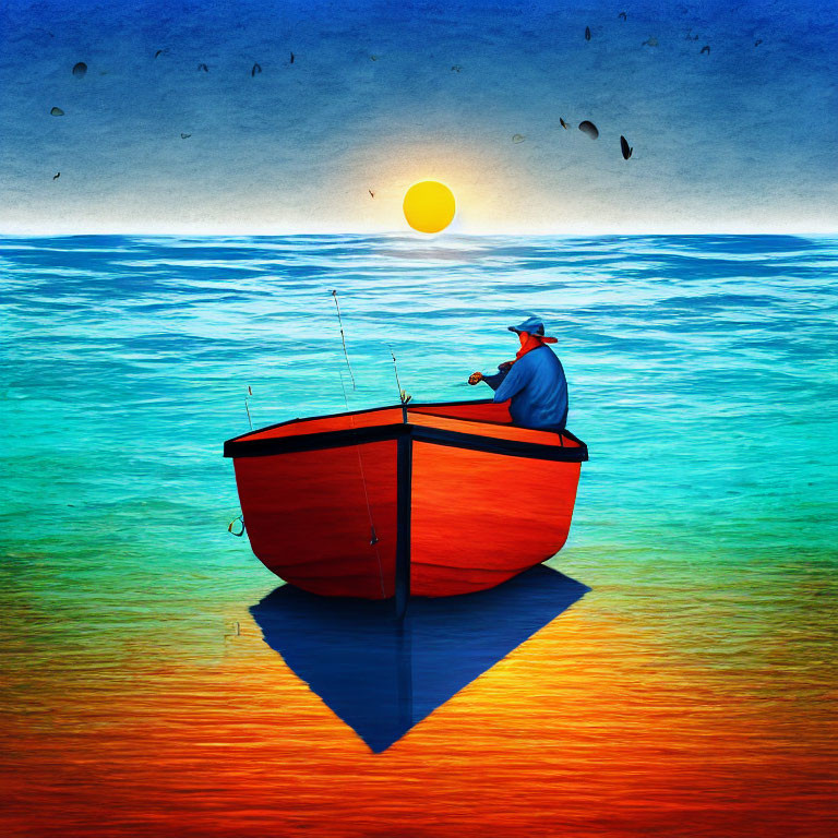 Person fishing from red boat at sunset with vibrant sky and calm sea.