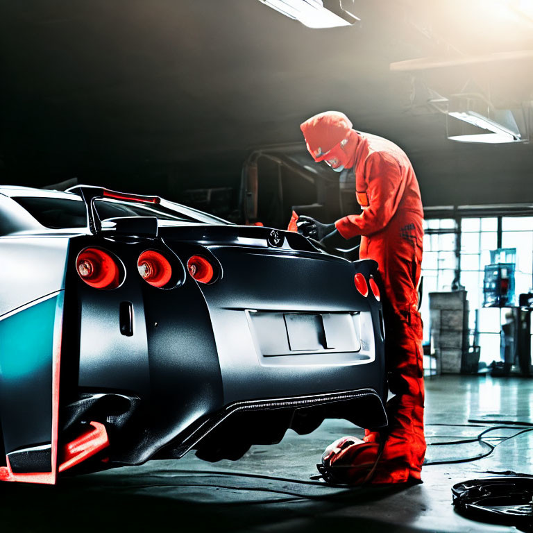 Mechanic in red jumpsuit works on white sports car in well-lit garage