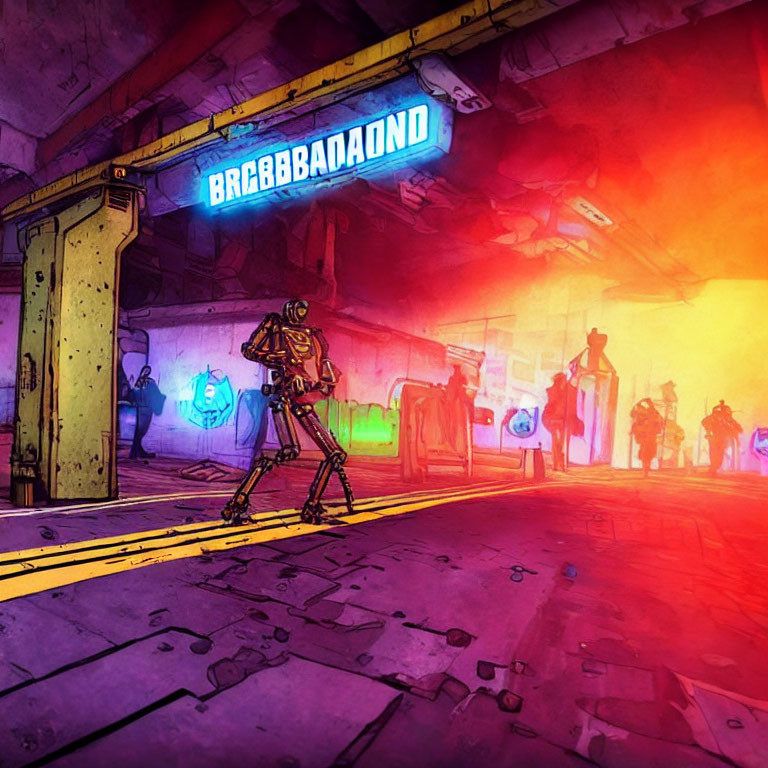 Neon-lit street scene with robotic figure and mysterious sign