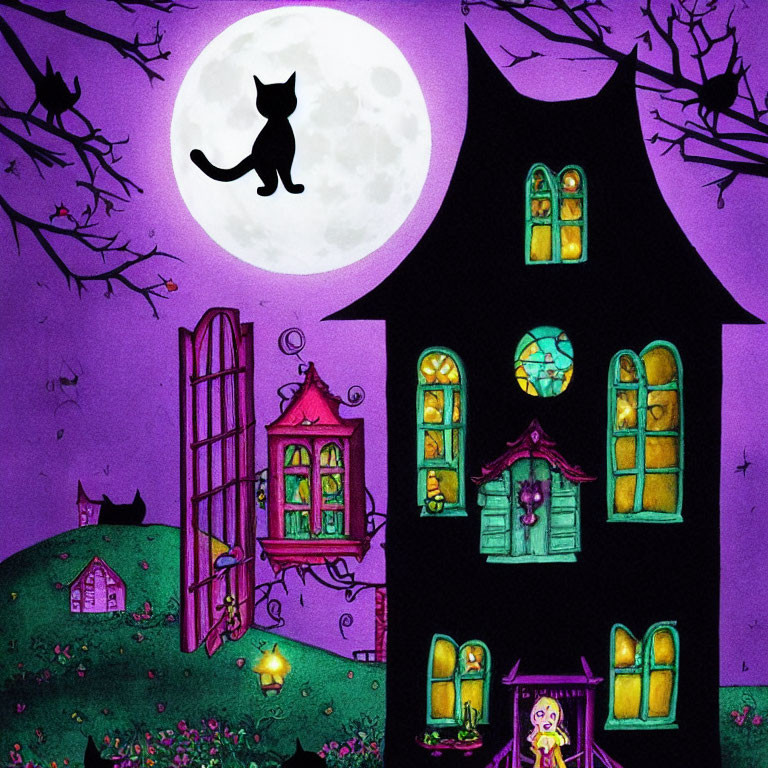 Whimsical haunted house at night with full moon, black cat silhouette, colorful windows, and small