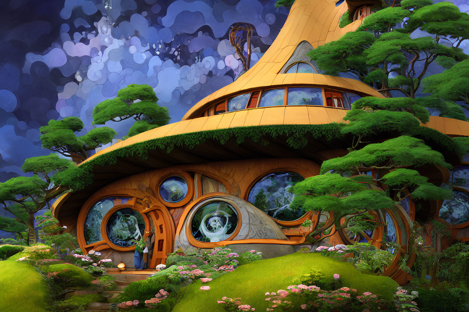 Circular Window Fantasy Treehouse in Lush Greenery