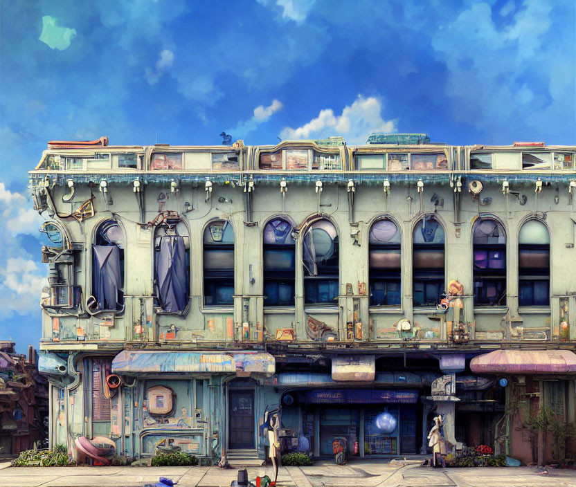 Colorful Whimsical Illustration of a Run-Down Building Facade