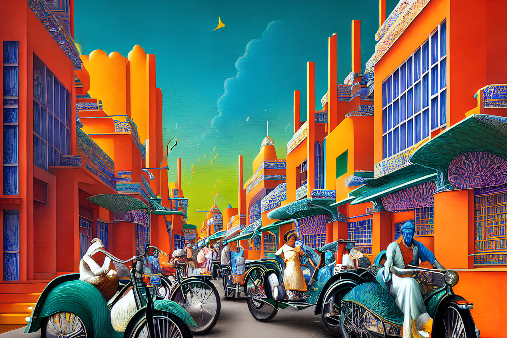 Colorful Illustration of People in Traditional Attire Riding Motorbikes