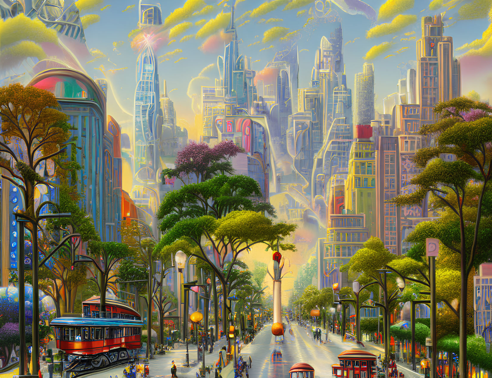 Futuristic cityscape with skyscrapers, greenery, boulevard, and tram