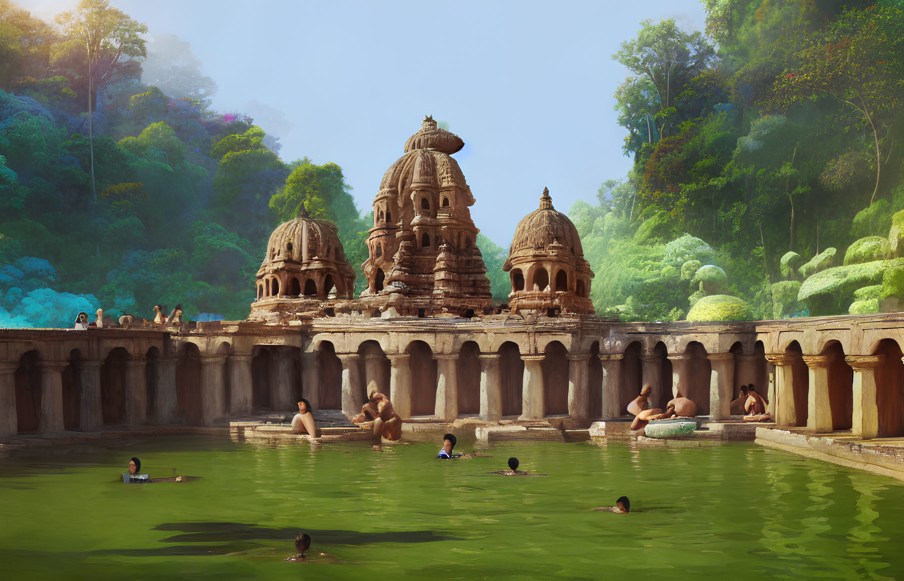 Ancient temple with ornate domes near tranquil pool and lush greenery.