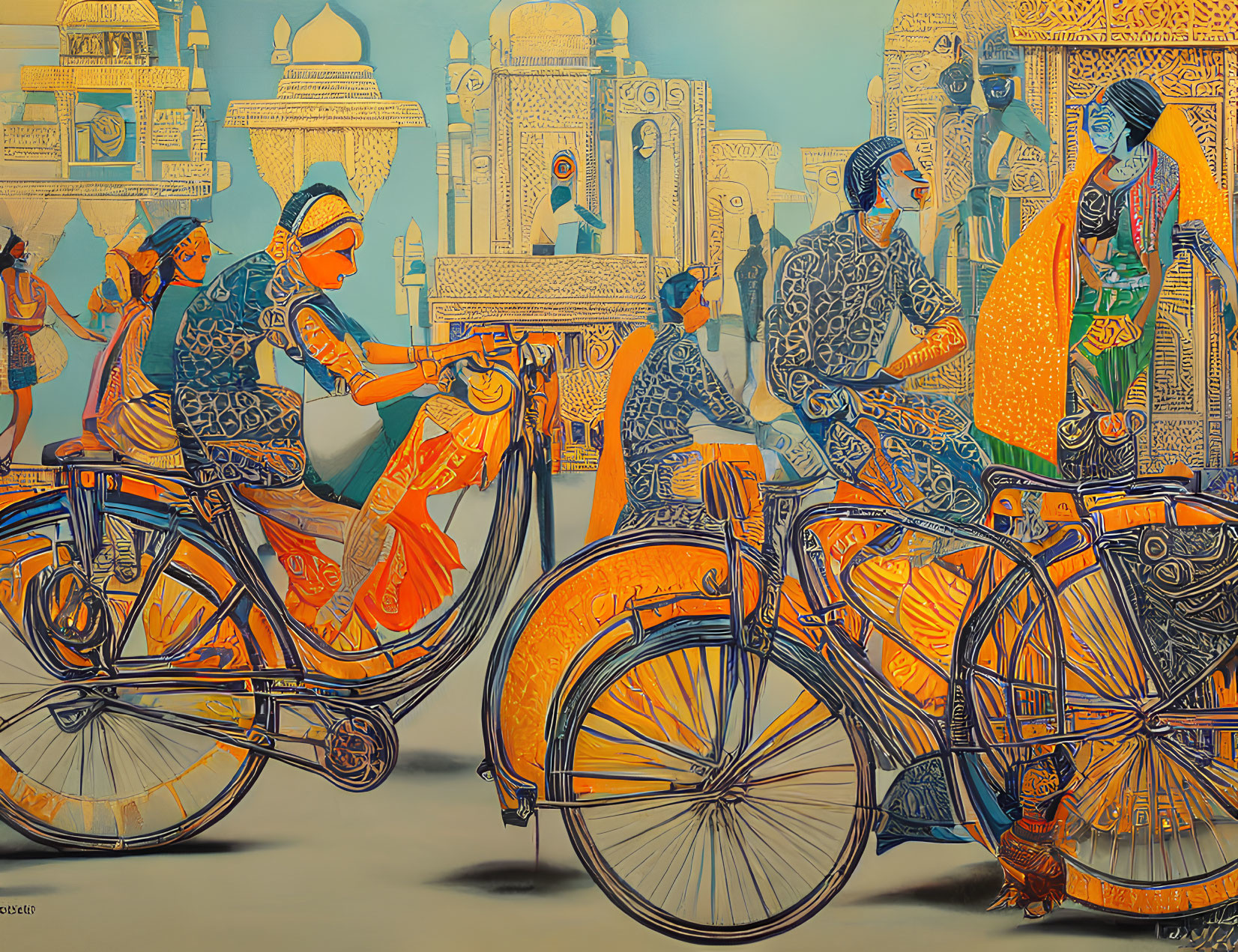 Vibrant Indian-themed artwork featuring people on bicycles and historic architecture.