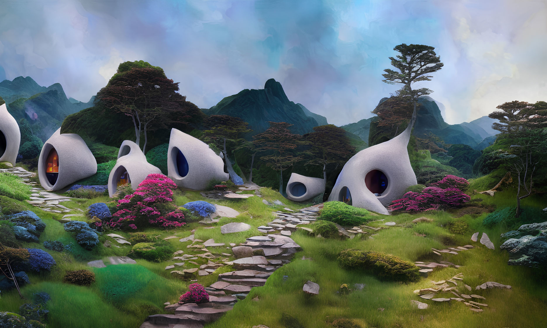Organic pod-shaped houses in whimsical landscape