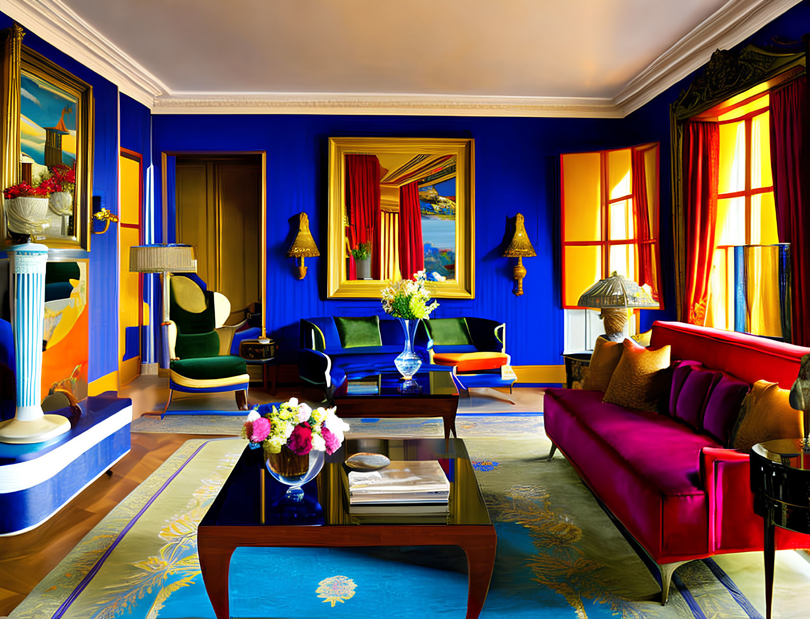 Blue and gold themed living room with colorful furniture and artworks