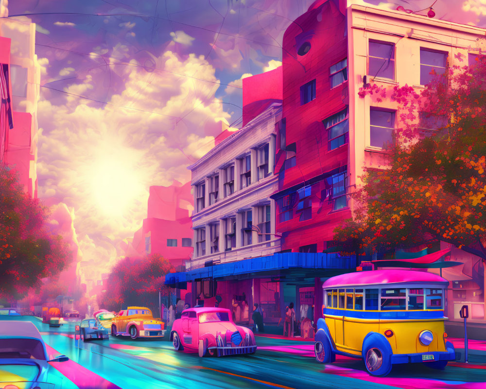 Retro-style Cars and Buses in Vibrant Street Scene