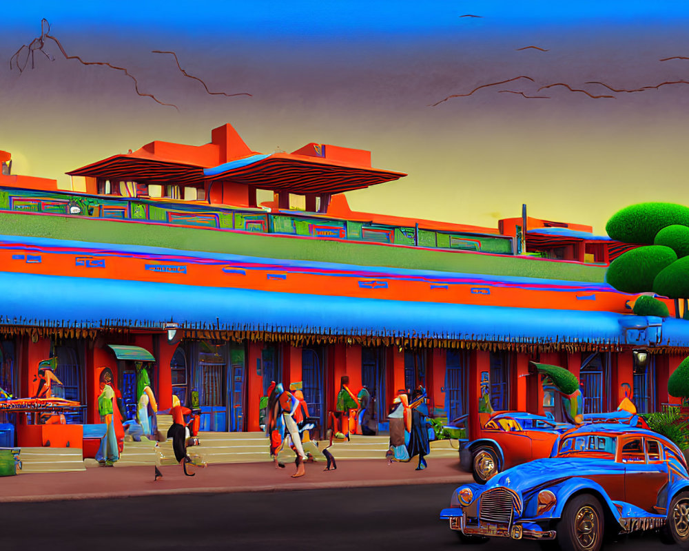 Colorful street scene with people, classic car, and Southwestern buildings at twilight