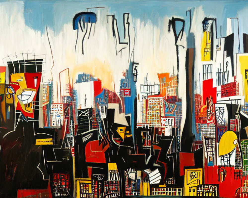 Vibrant abstract cityscape painting with bold black outlines and geometric shapes