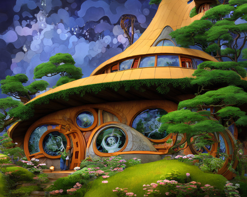 Circular Window Fantasy Treehouse in Lush Greenery