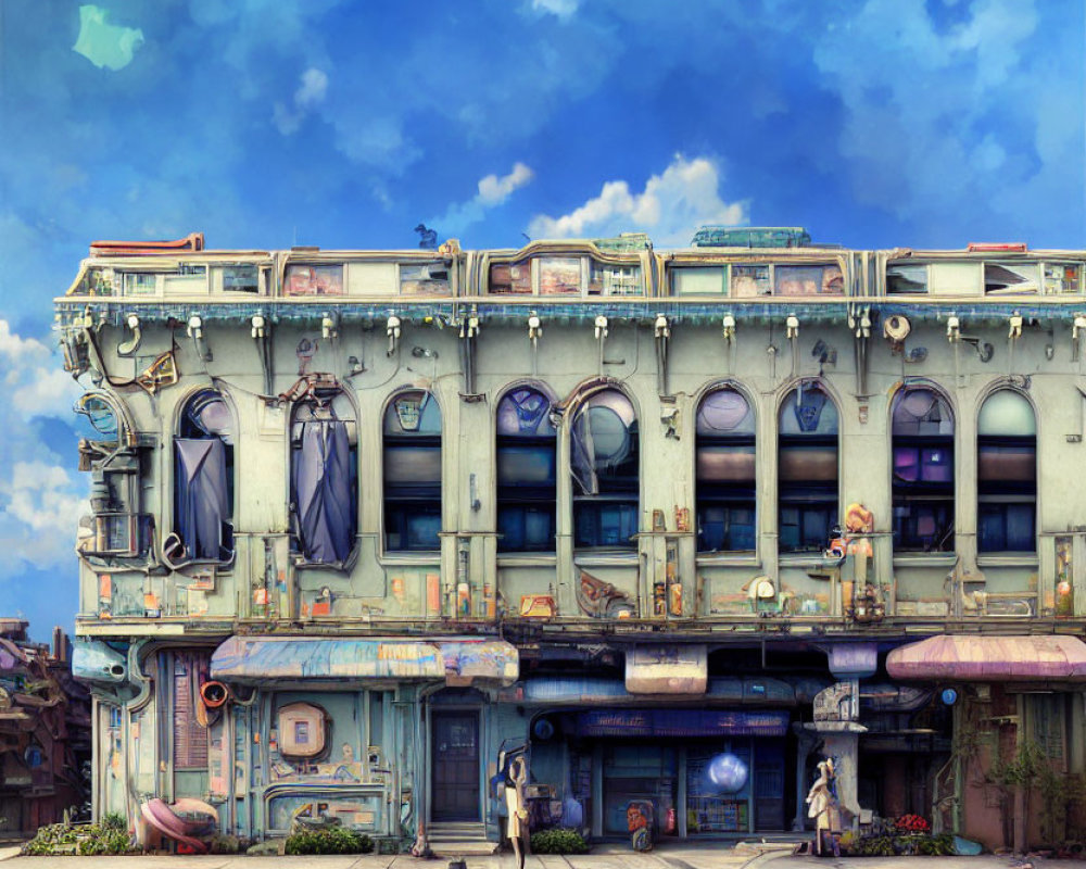 Colorful Whimsical Illustration of a Run-Down Building Facade