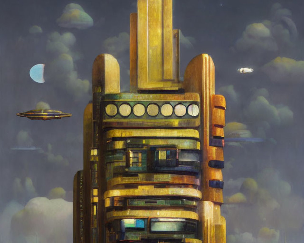 Futuristic cityscape at dusk with stylized building, flying saucers, and floating planets