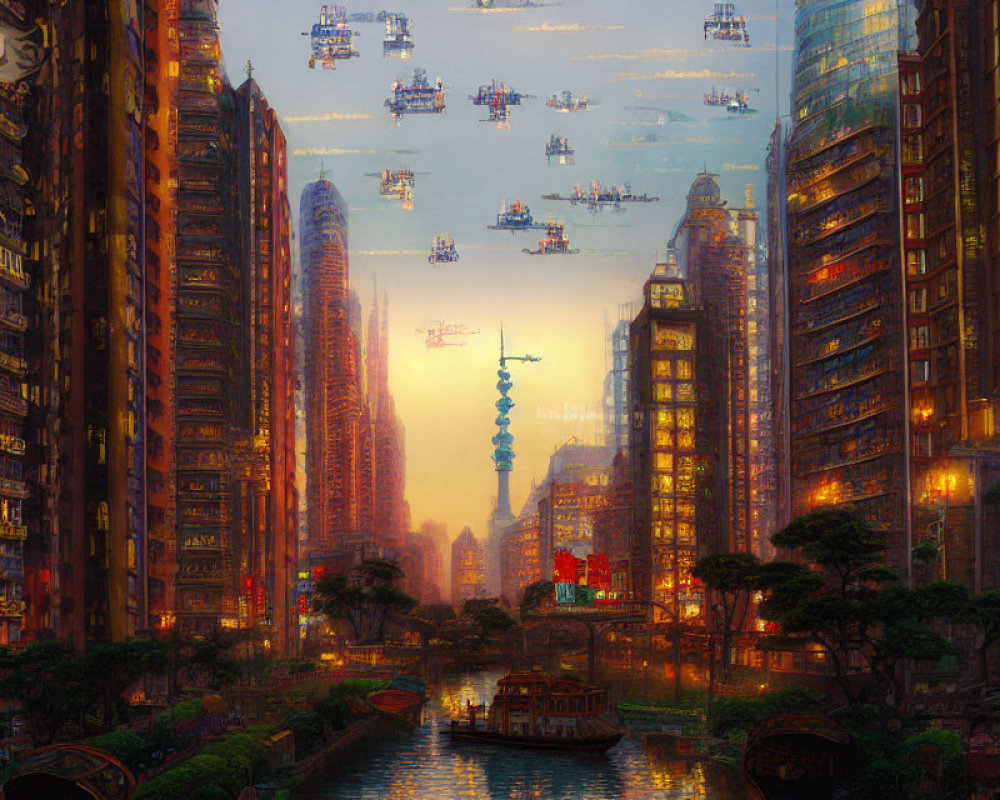 Futuristic cityscape with flying vehicles, skyscrapers, neon signs, river, and tower