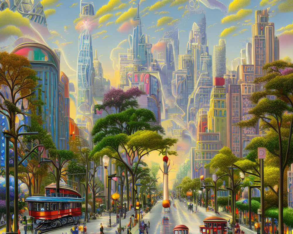 Futuristic cityscape with skyscrapers, greenery, boulevard, and tram