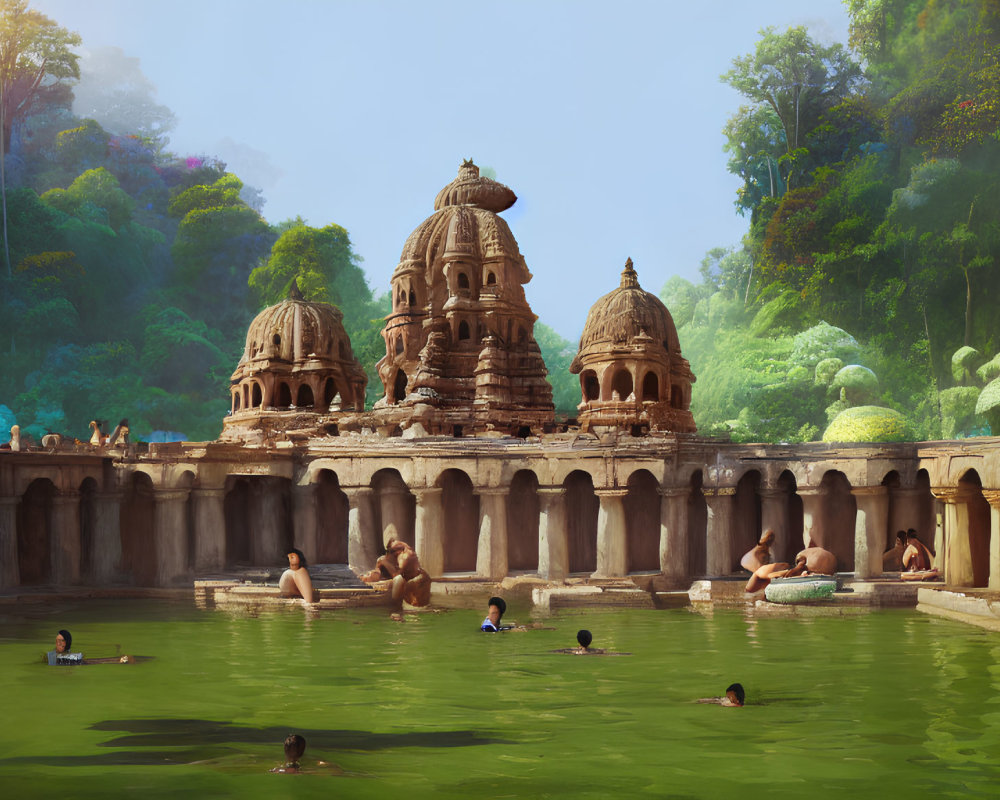 Ancient temple with ornate domes near tranquil pool and lush greenery.