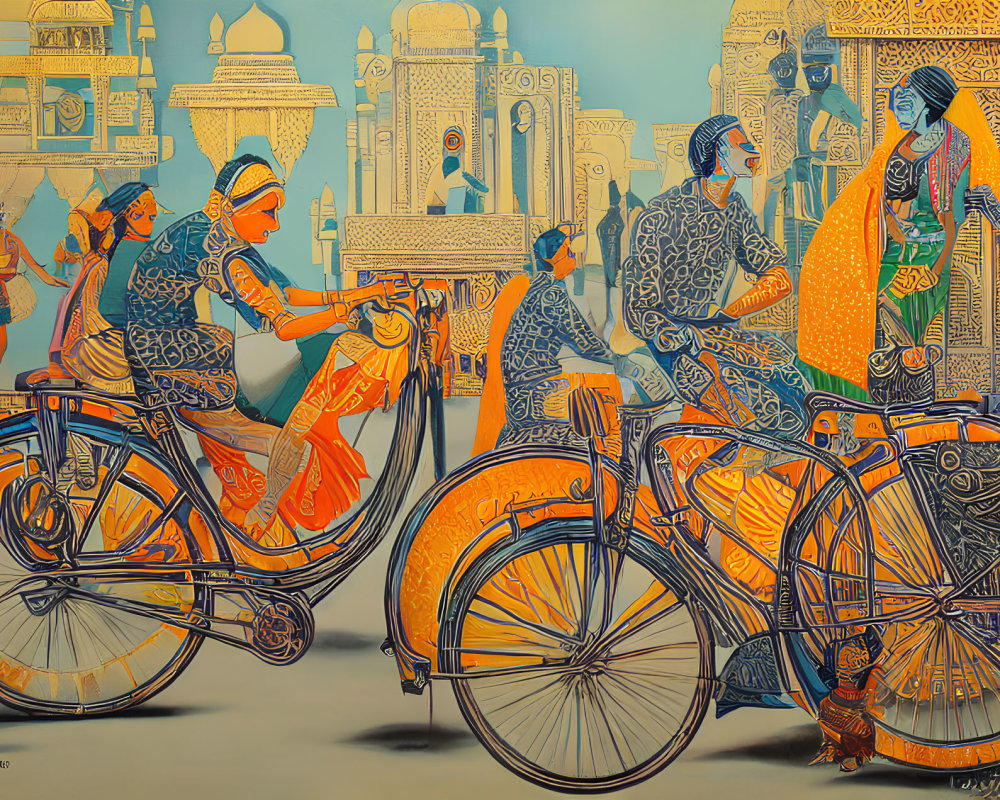 Vibrant Indian-themed artwork featuring people on bicycles and historic architecture.