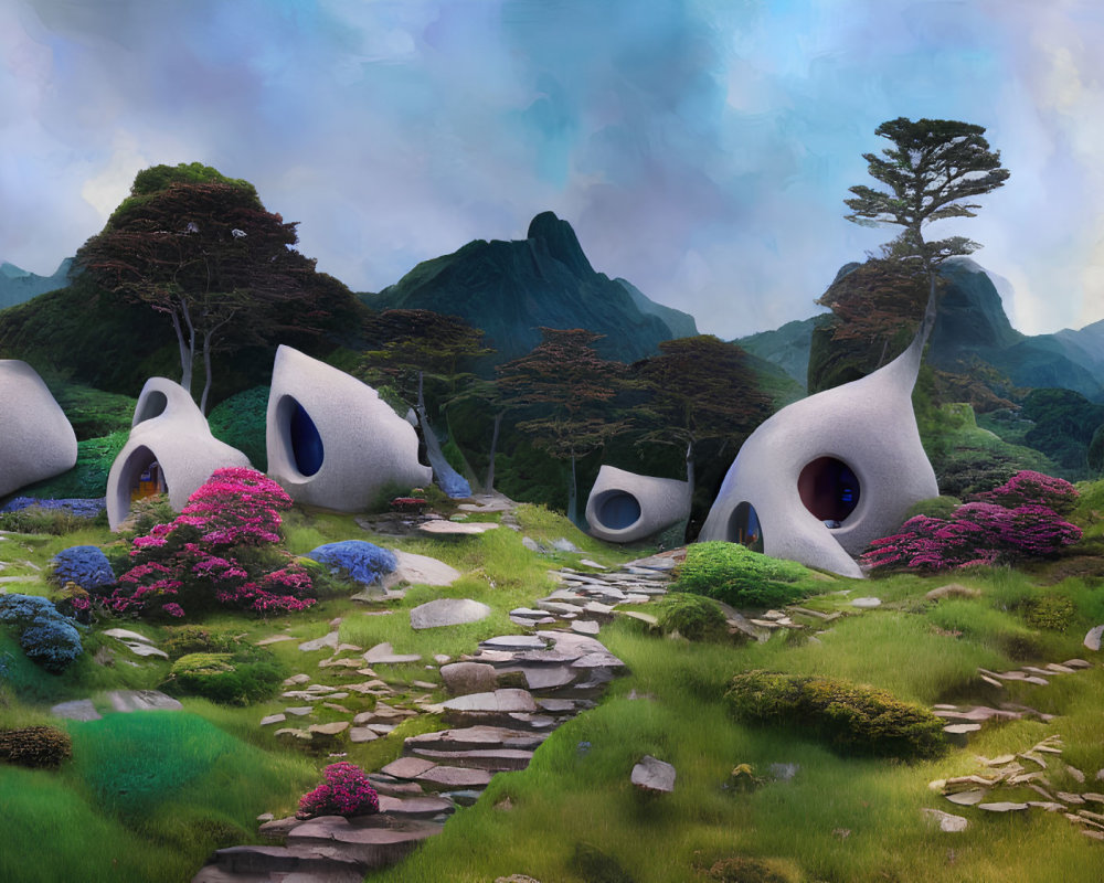 Organic pod-shaped houses in whimsical landscape