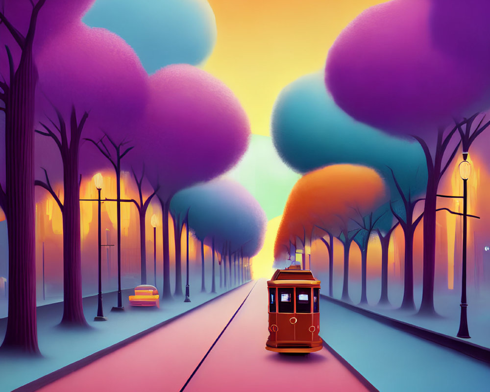 Colorful vintage tram illustration with whimsical trees and vibrant sunset sky.