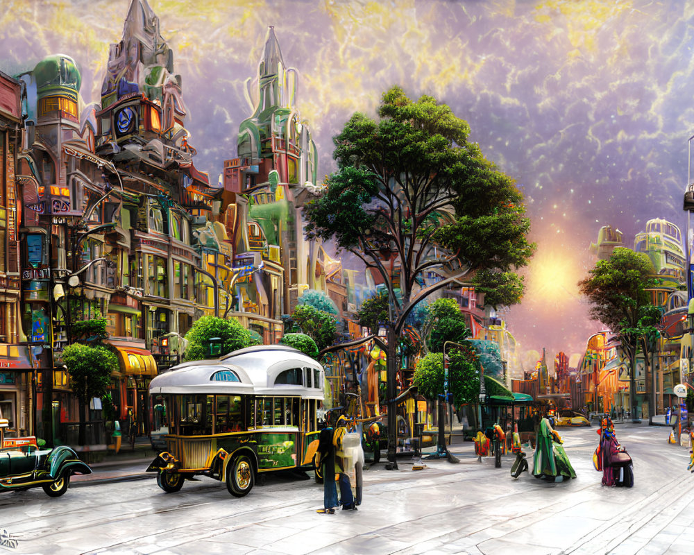 Retro-futuristic city street with vintage cars and tram under sunset sky