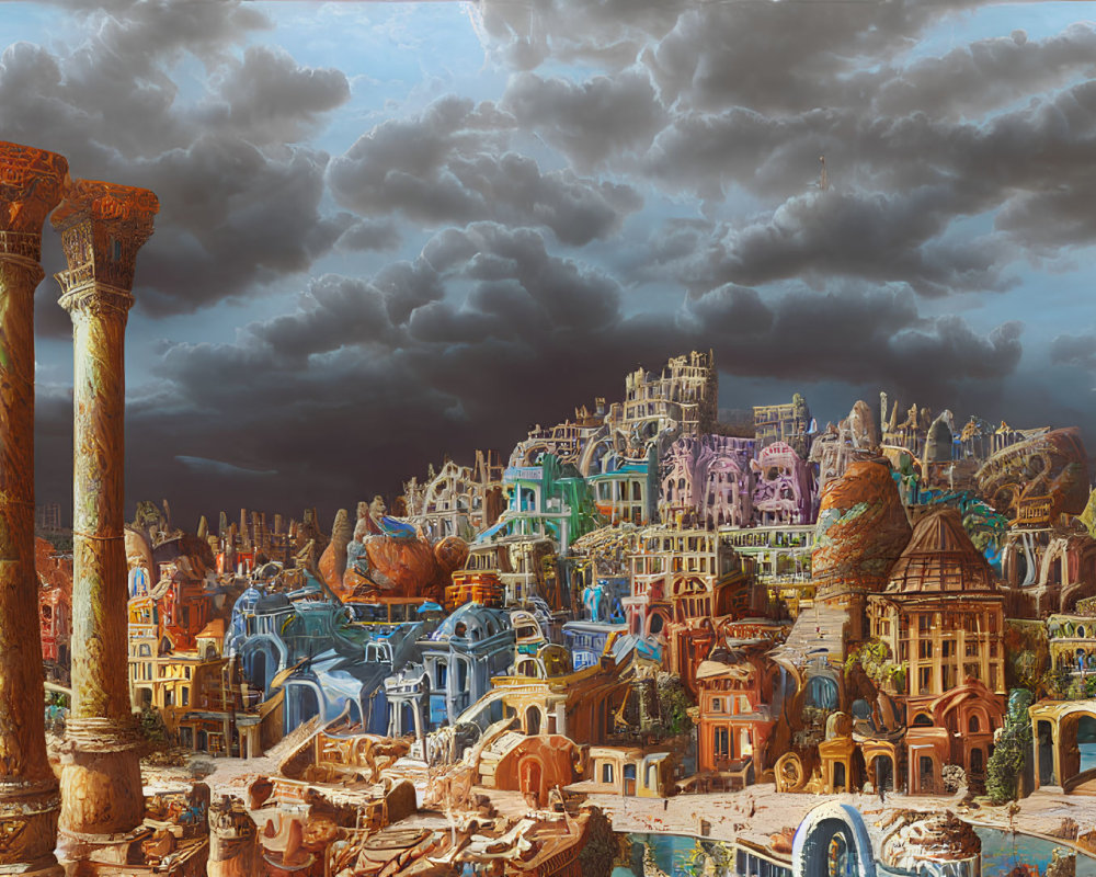 Fantastical cityscape with ancient ruins and dramatic sky