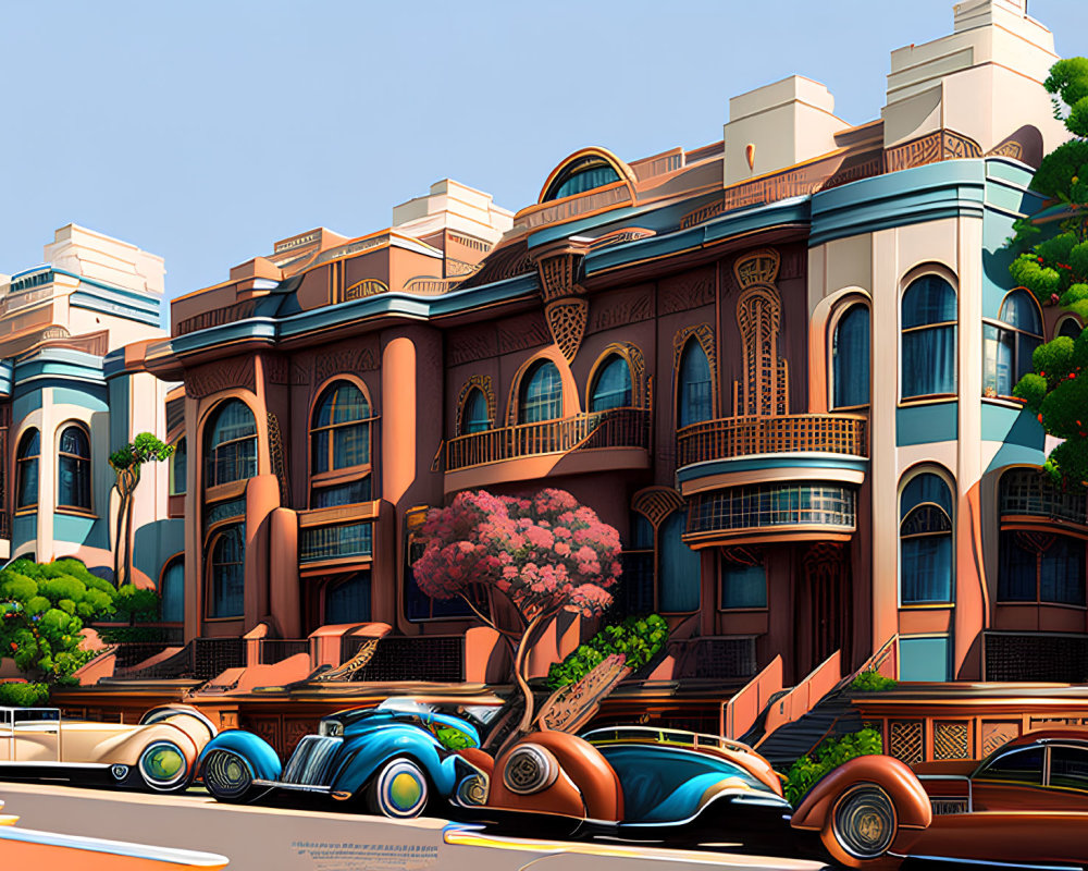 Vibrant Art Deco Architecture with Pastel Colors & Classic Cars