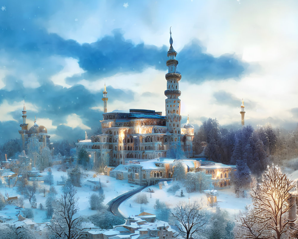 Whimsical tower with spires in snowy twilight landscape