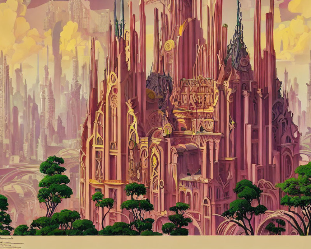 Intricate Pink Fantasy Castle with Green Trees and Futuristic City Spires