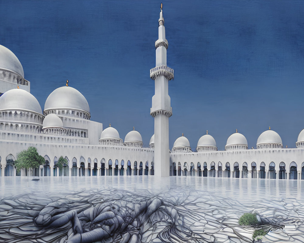 Grand mosque illustration with domes and minaret against blue sky and intricate root foreground